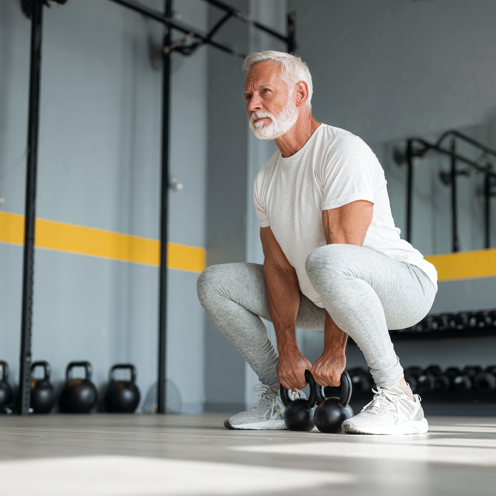 mature adult practicing functional fitness exercises in modern wellness studio
