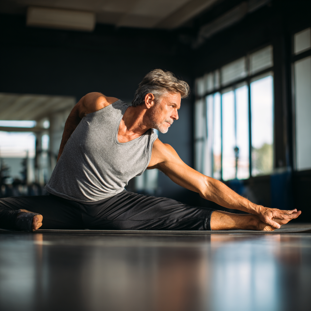 middle aged person demonstrating improved flexibility and strength after fitness program